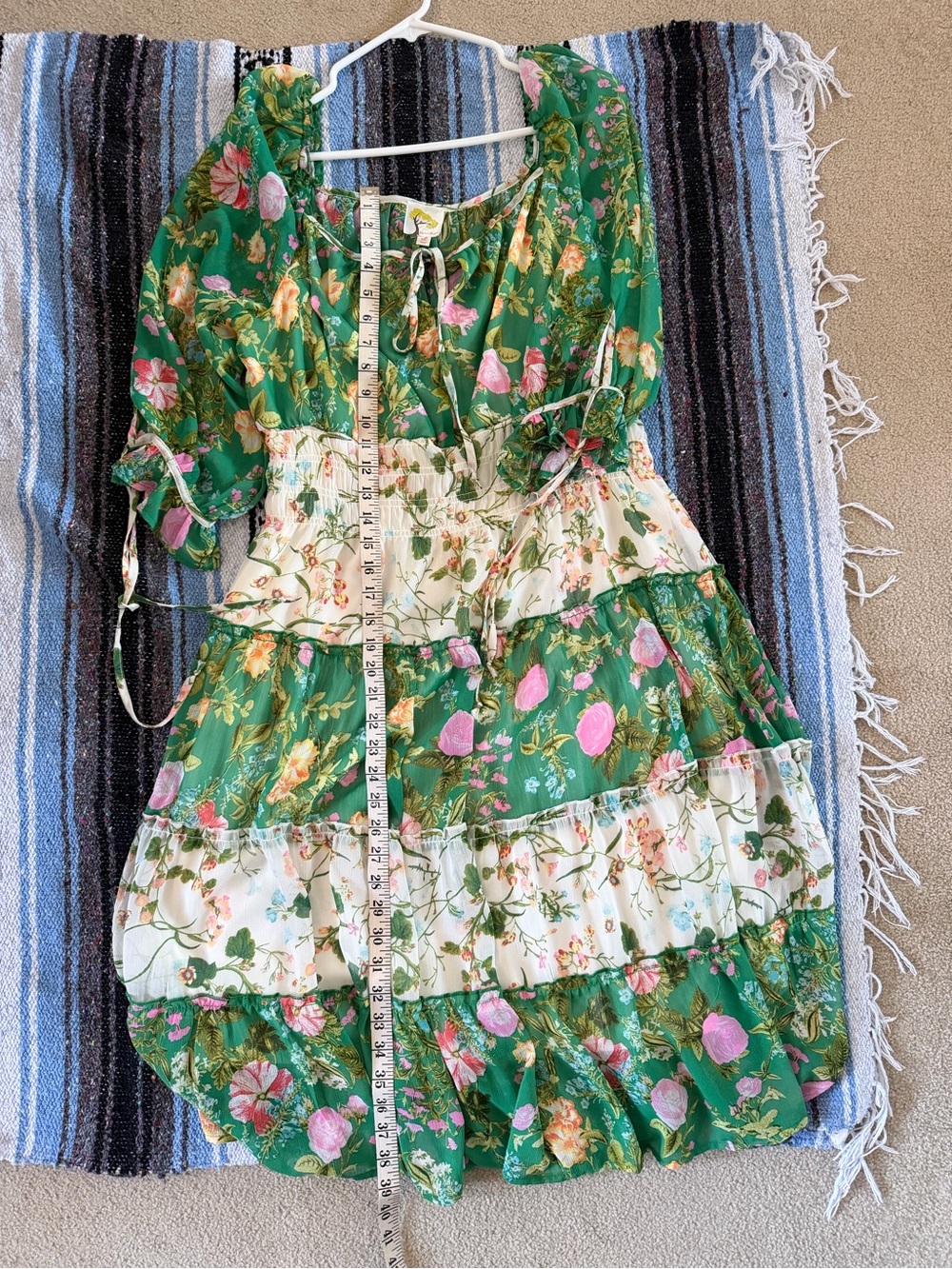 fig and flower Green Floral Tiered Midi Dress with Cream Panels - Picture 3 of 4
